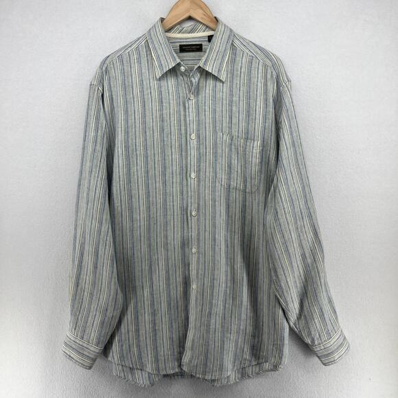 JOSEPH ABBOUD Shirt Mens XL Linen Collection Striped Button Up Woven Blue - Picture 2 of 16